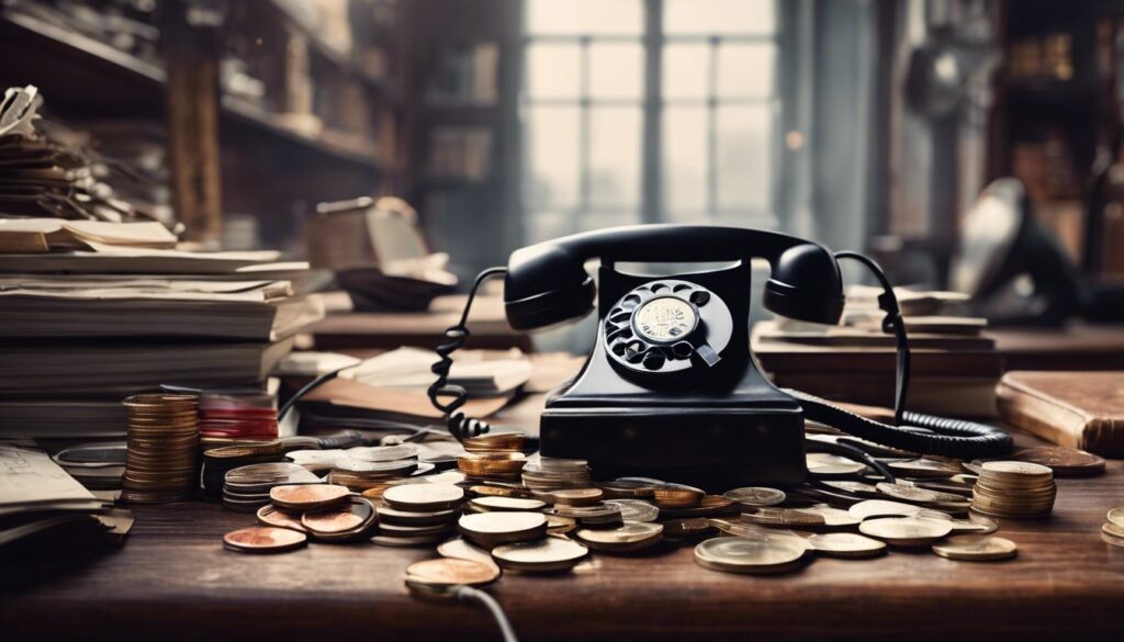 Een vintage bureau met oude munten en een ouderwetse telefoon.