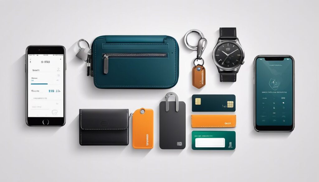 Een set sleutels en portemonnee met betaalbare tracking-apparaten op een tafel.