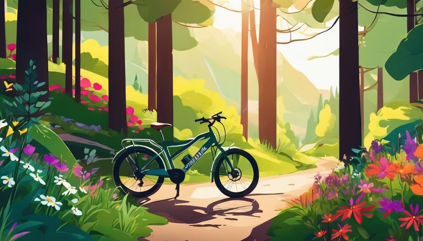 Een fiets op een bochtig bergpad omgeven door groene bomen en wilde bloemen. Een fiets op een bochtig bergpad omgeven door groene bomen en wilde bloemen.