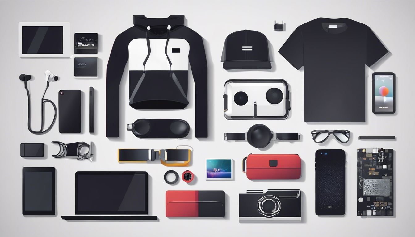 Assortiment van elektronische gadgets en kleding op moderne minimalistische achtergrond.