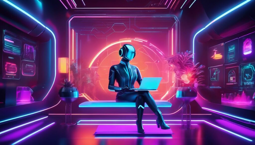 Een moderne AI-chatbot in een futuristische omgeving met geavanceerde technologie.