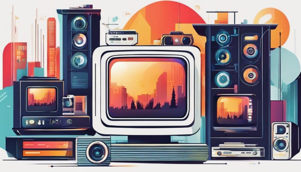 Een modern TV-streamingapparaat omgeven door strakke elektronische apparaten.