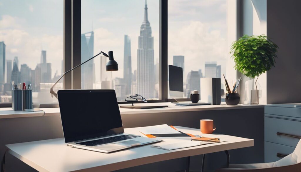 Een moderne, opgeruimde kantoorruimte met een laptop en kantoorspullen.