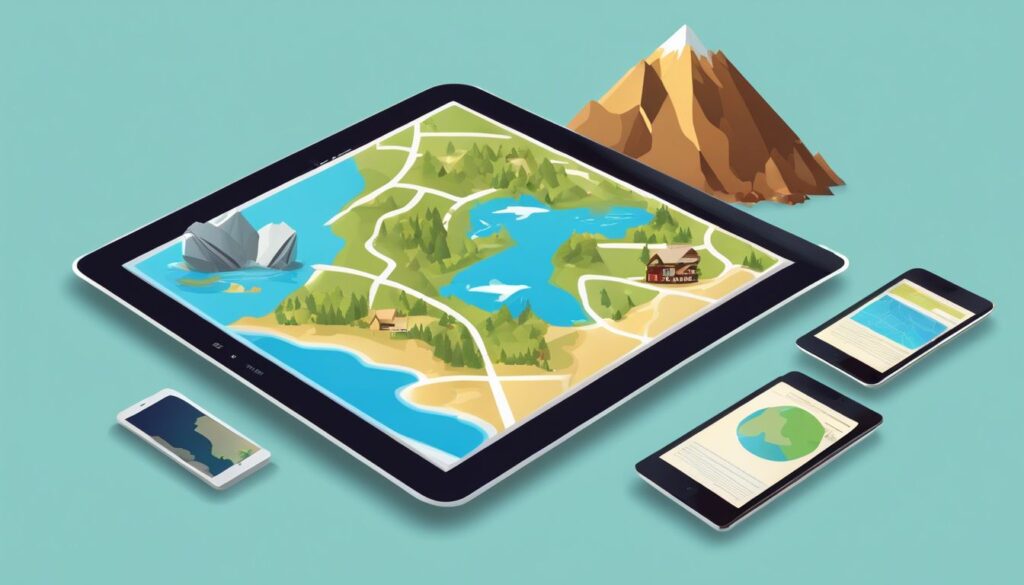 Een moderne tablet toont een vergelijking van kaartdiensten omringd door reisbenodigdheden en landschapsfotografie.