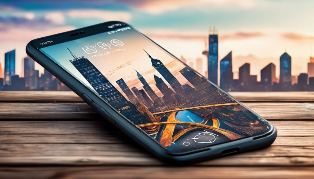 Een smartphone met navigatie-app-icoontjes op een houten tafel met stadsgezicht.