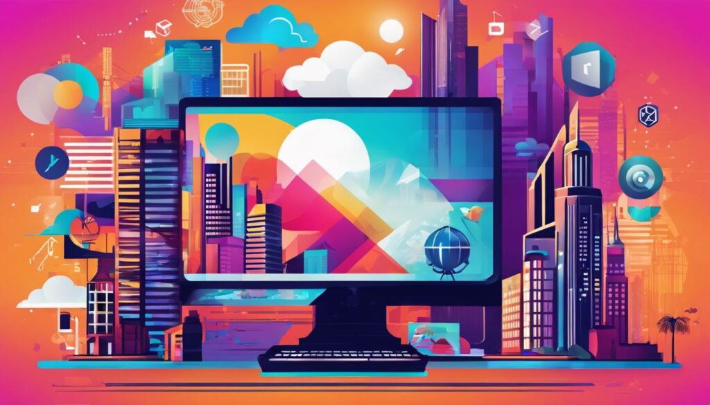 Een computerbeeldscherm met grafisch ontwerpsoftware-Logo's en stadsfotografie.