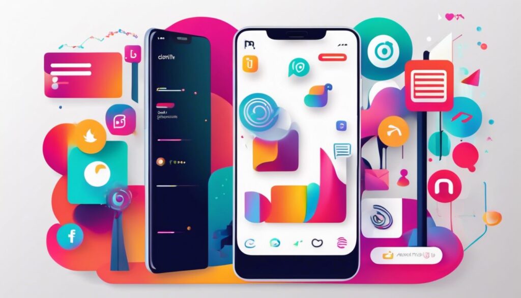 Een smartphone met TikTok, VSCO en andere sociale mediapictogrammen in een moderne en kleurrijke flat design stijl.