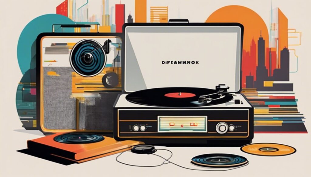 Een platenspeler met koptelefoon en retro muziekposters.