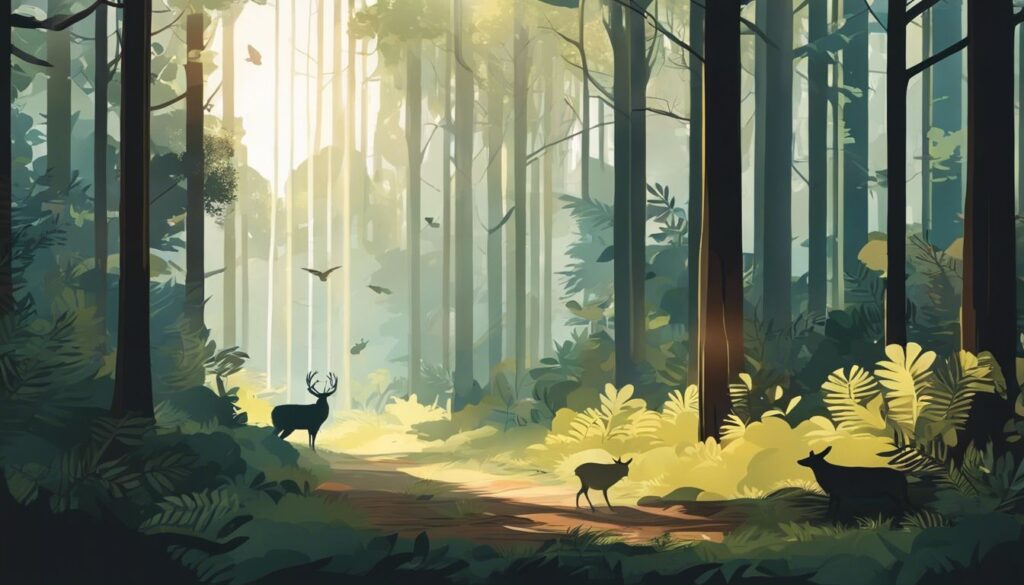 Een serene bos met zonnestraal, natuurlijke schoonheid zonder mensen.