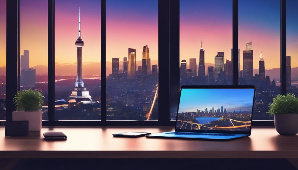 Moderne laptop en smartphone op stijlvol bureau met stadsgezicht op achtergrond.
