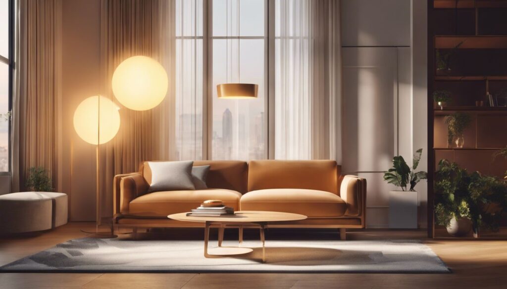 Een moderne slimme lamp opstelling in een stijlvolle woonkamer.