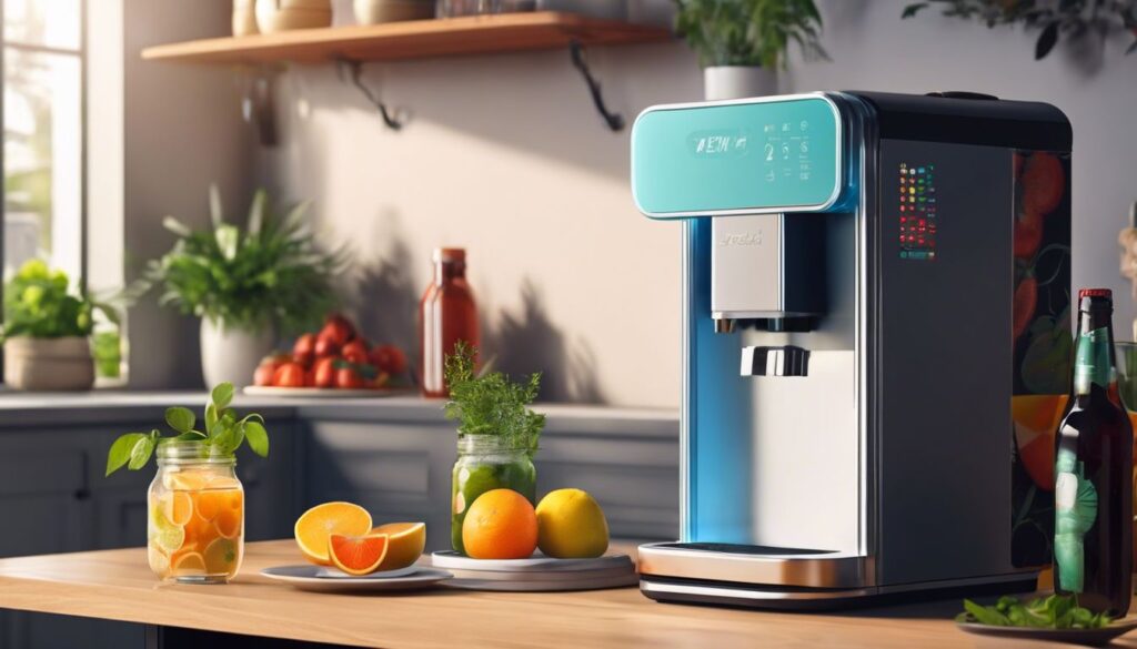 Een Mysoda machine op een keukenblad met fruitschijfjes en kruiden.