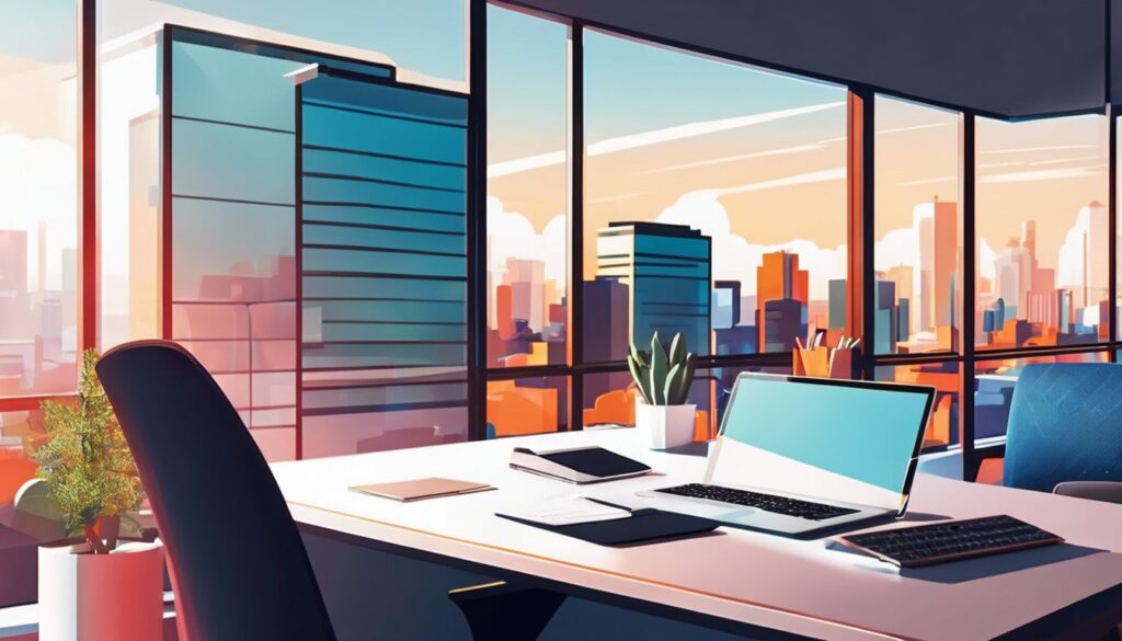 Een moderne, strakke kantooromgeving met laptop en notitieboeken op een bureau.