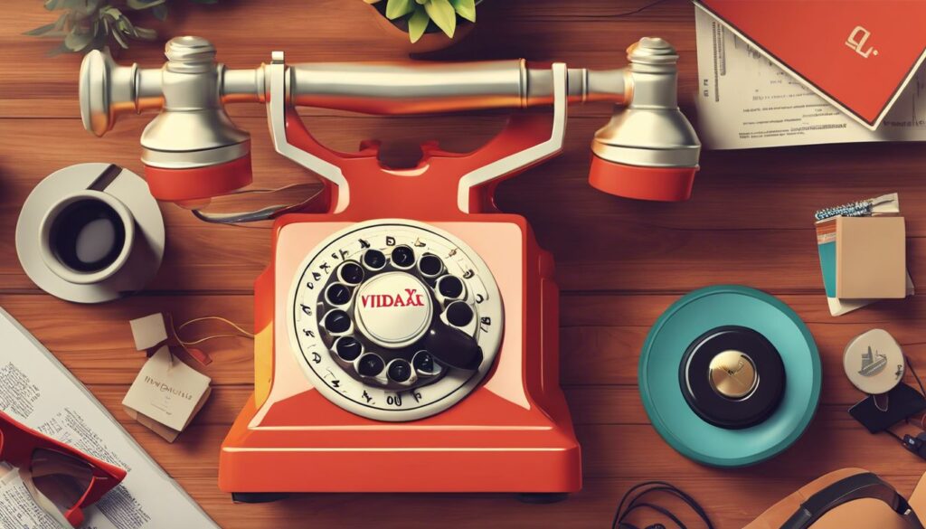 Een vintage telefoon met vidaXL logo omringd door klantenservice items.