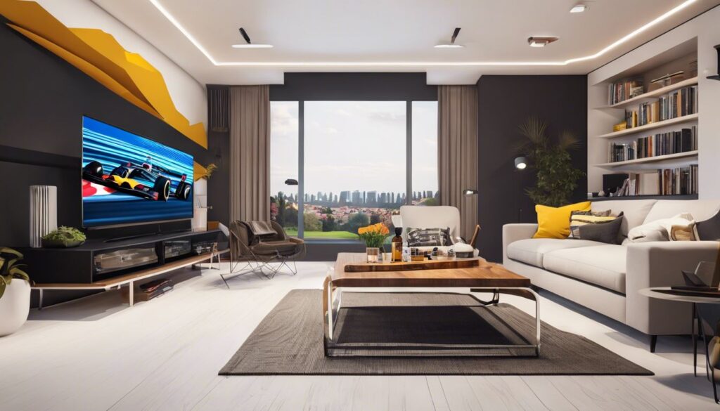 Een gezellige woonkamer met Formule 1-race op televisie en snacks.