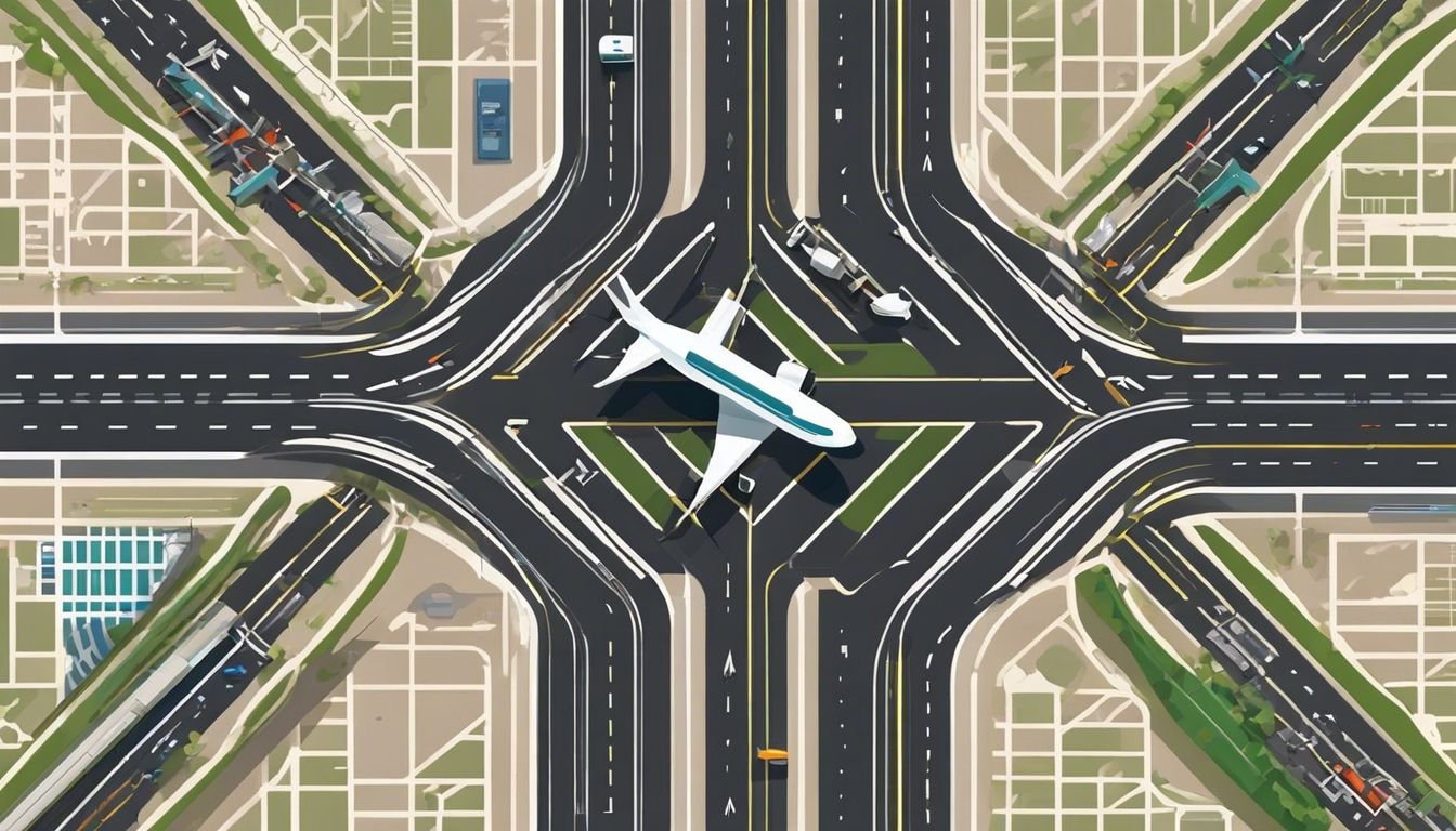 Aerial view of diverse airport runways and airplanes, capturing organized chaos.