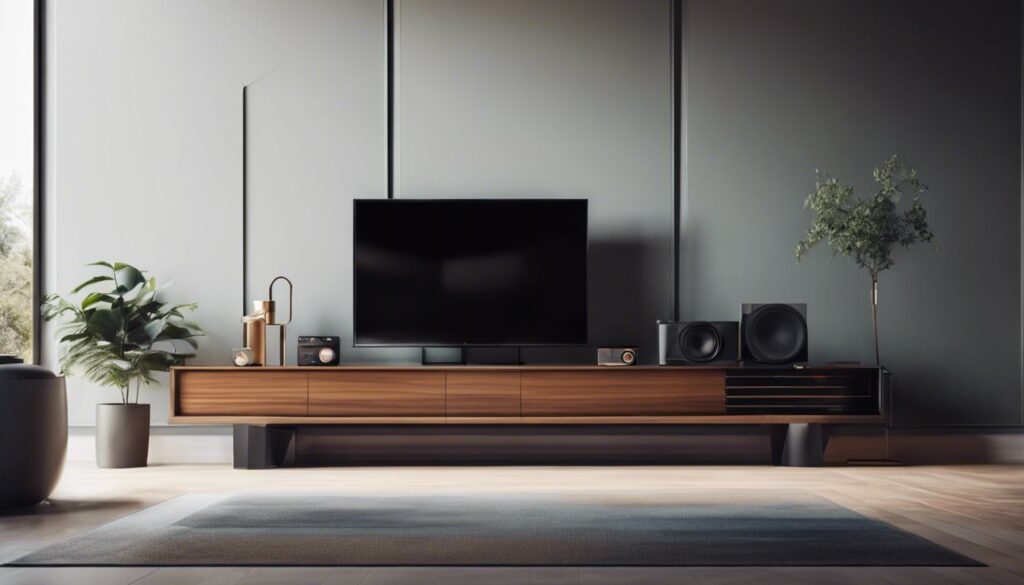 Moderne stereo-installatie op strak TV-meubel met minimalistisch interieur.