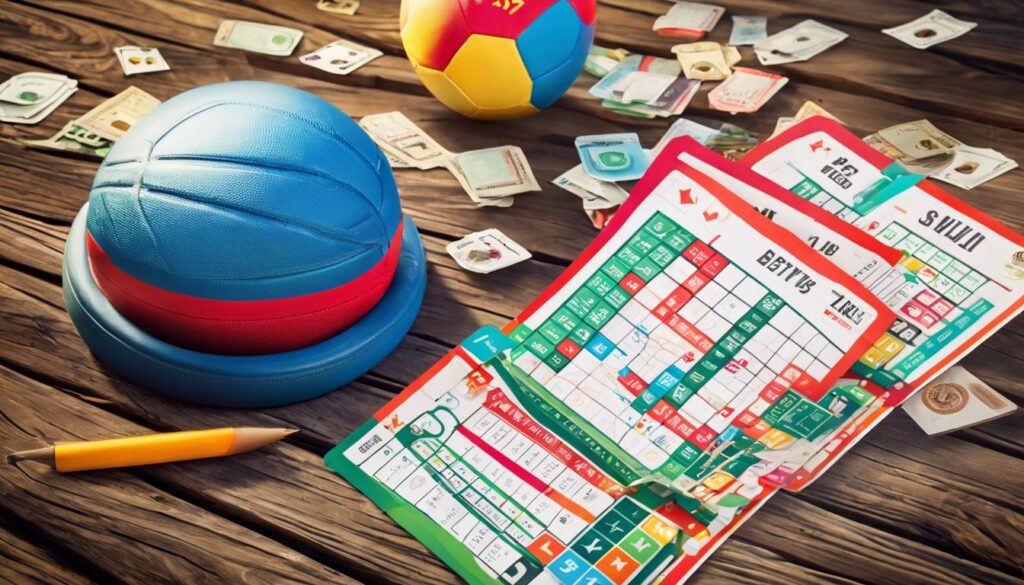 Een verscheidenheid aan kleurrijke weddenschappen en sportuitrusting op een houten tafel buiten, met een levendige natuurlijke achtergrond.