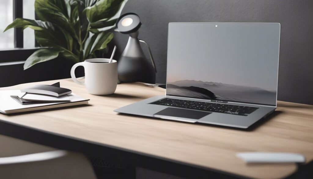 Een minimalistische werkruimte met een laptop zonder advertenties.