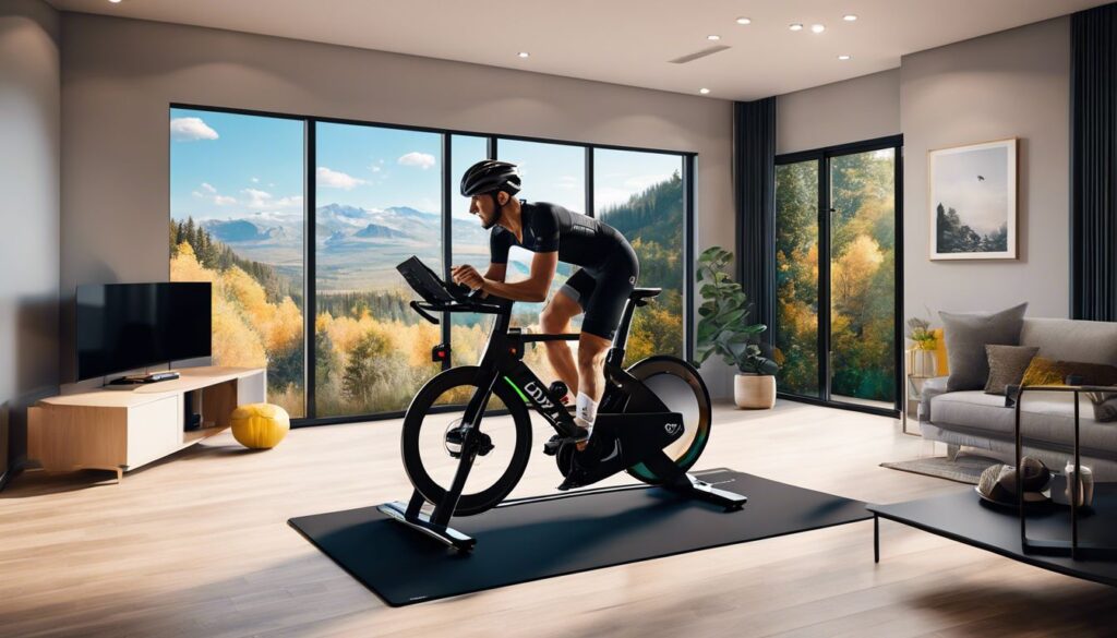 Een modern indoor fiets setup met digitale coach en natuurlijke omgeving.