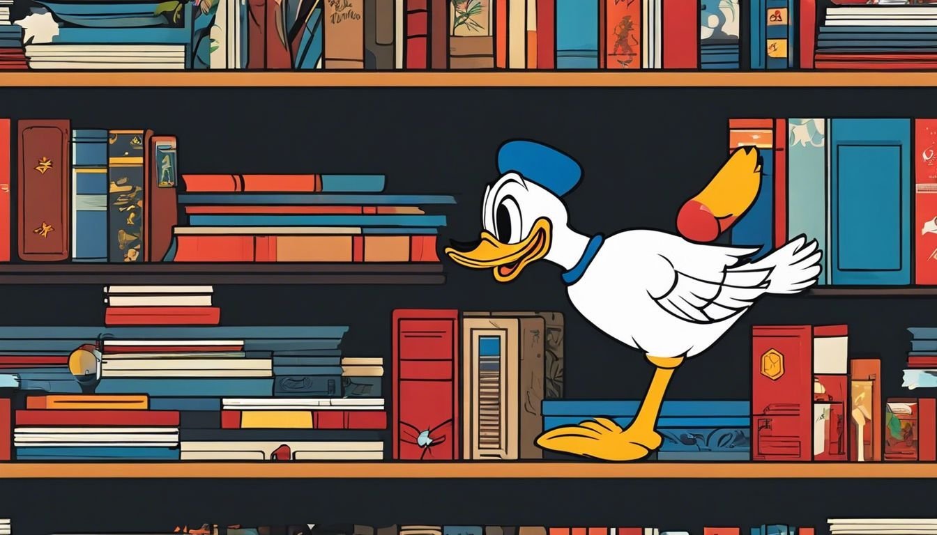 Een netjes georganiseerde plank met Donald Duck stripboeken en verzamelobjecten.