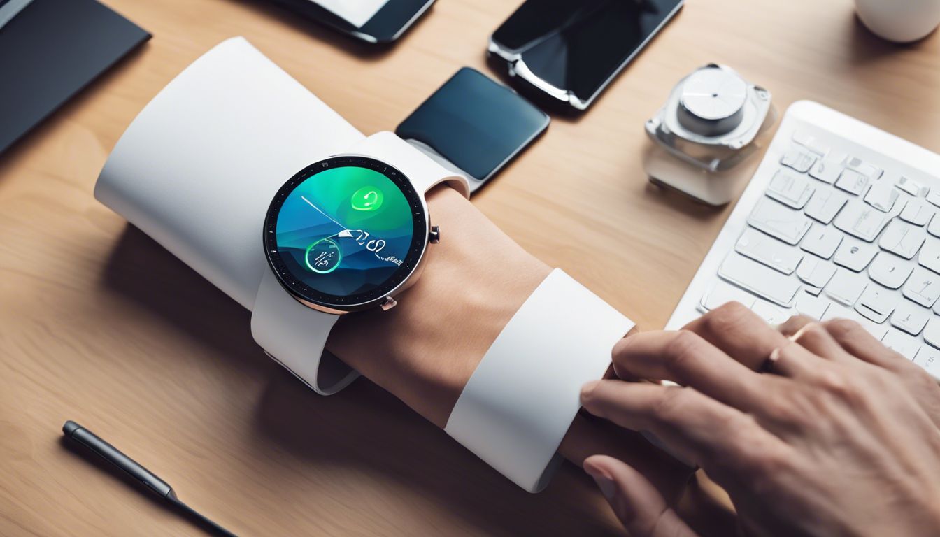 Een stijlvolle smartwatch wordt tentoongesteld op een strak, minimalistisch bureau met hoogwaardige gadgets.