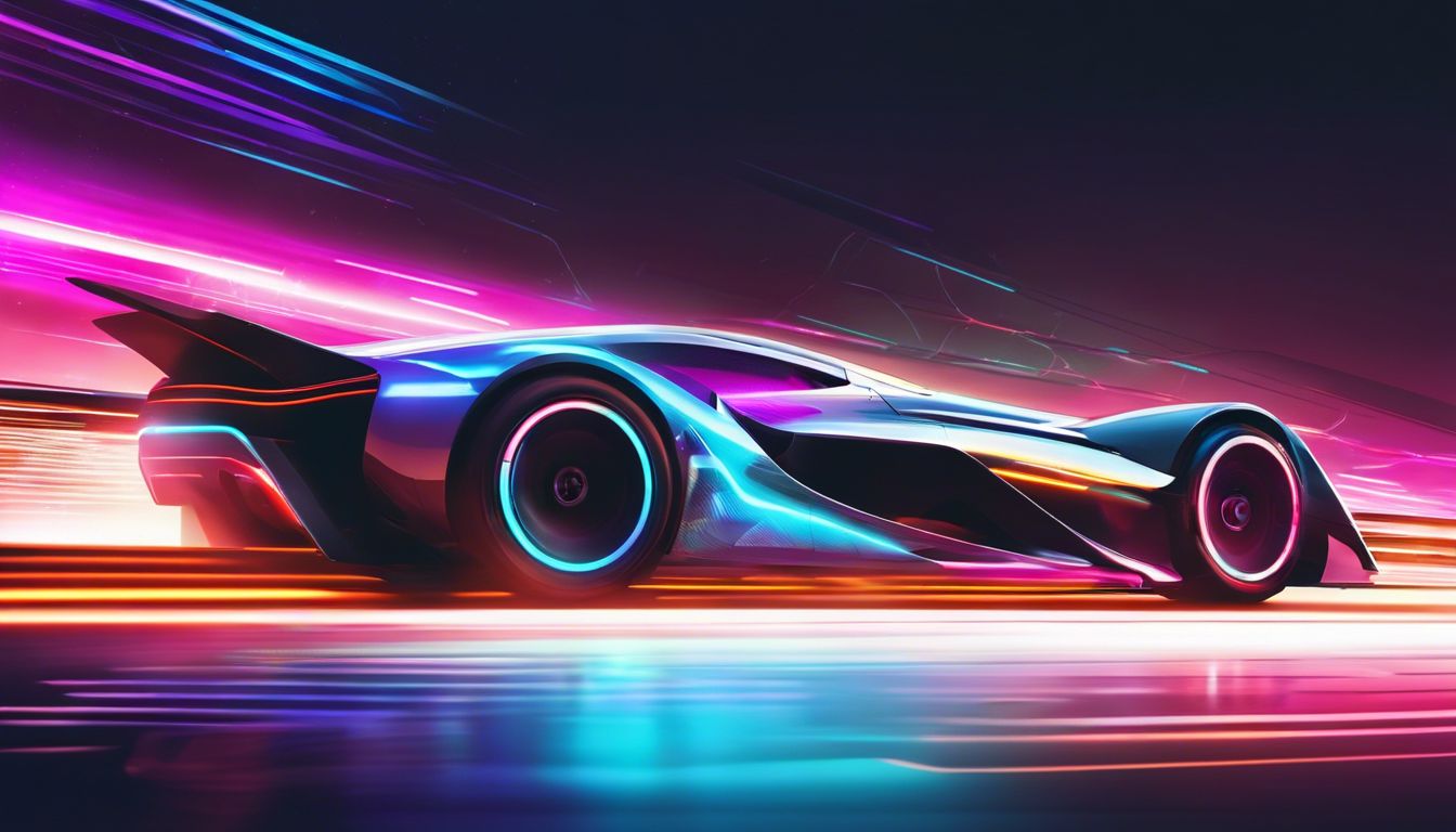 Een snelle raceauto racet door een futuristische digitale baan.