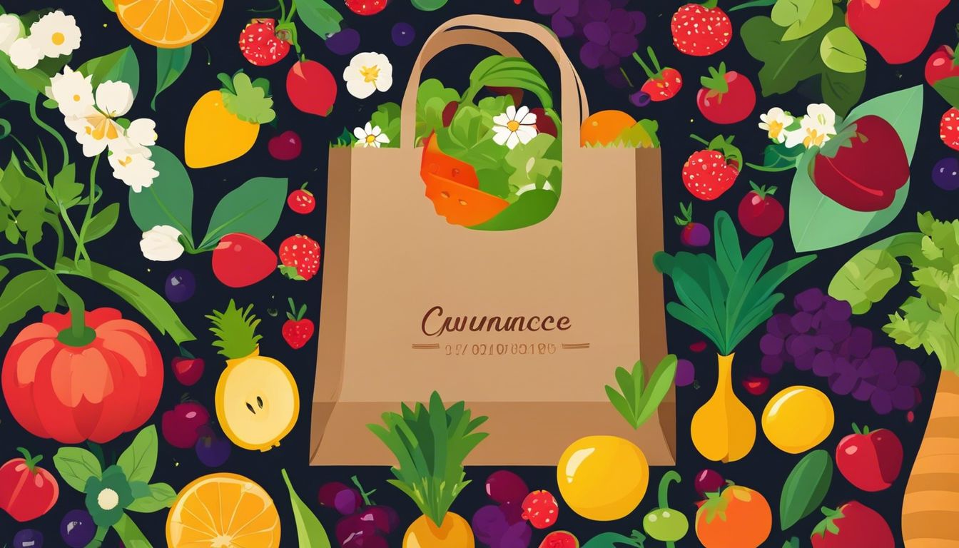 Een duurzame boodschappentas met verse groenten en fruit omringd door een kleurrijke tuin.