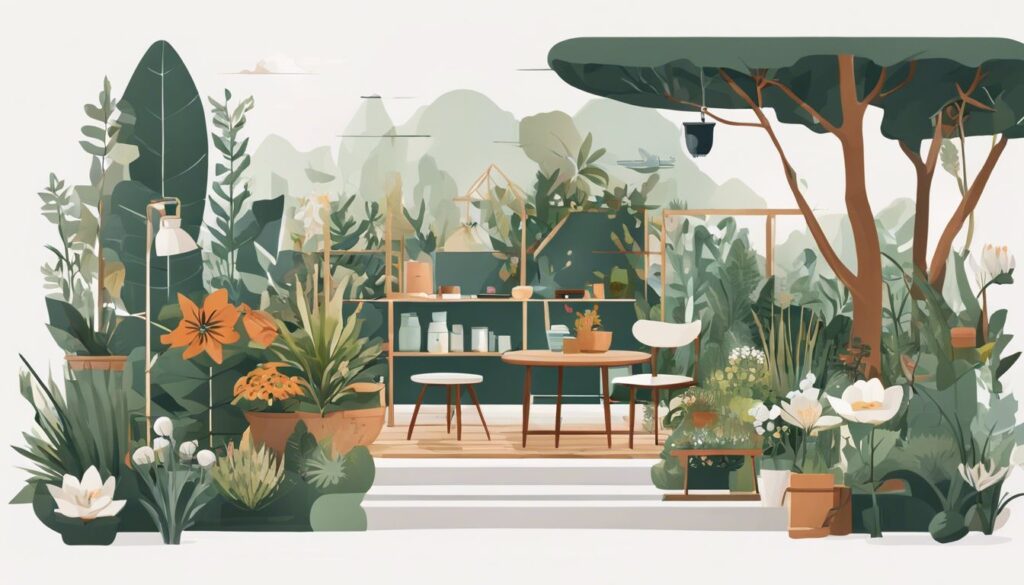 Een serene tuin met diverse onderhoudsarme tools en natuurlijke details.