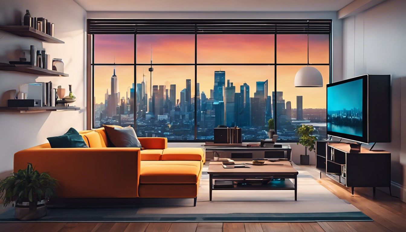 Moderne woonkamer met Amazon Fire TV Cube en stadsgezicht fotografie. Moderne woonkamer met Amazon Fire TV Cube en stadsgezicht fotografie.