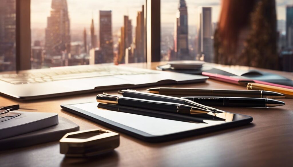 Verschillende stylus pennen op moderne bureau met stadsgezichtachtergrond.