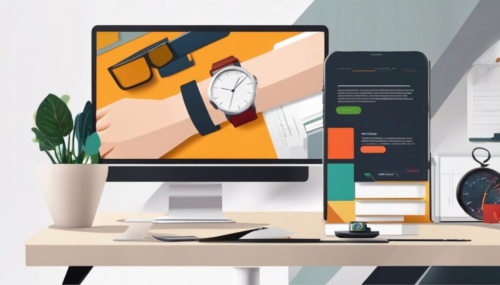 Moderne bureau met stijlvolle smartwatches en stadse fotografie.