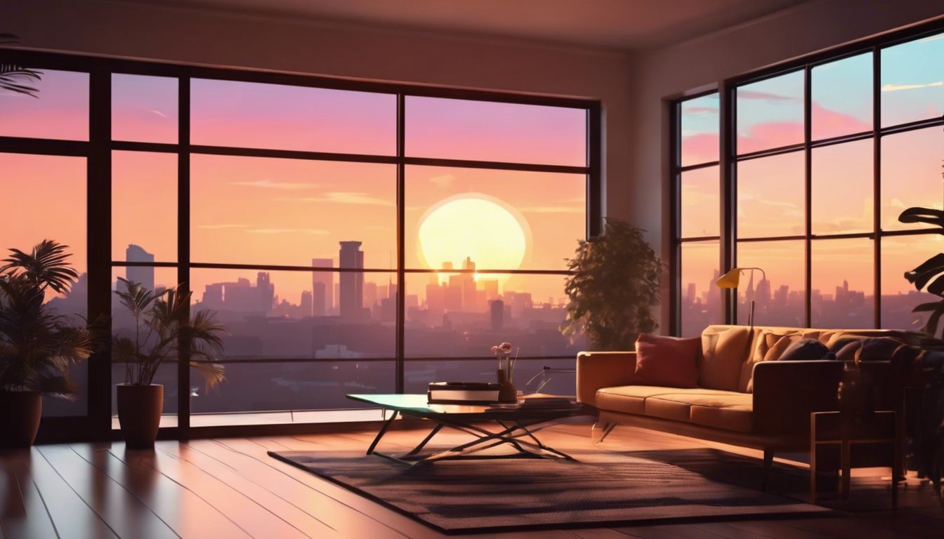 Een ouderwetse tv in een gezellige woonkamer met uitzicht op een zonsondergang.