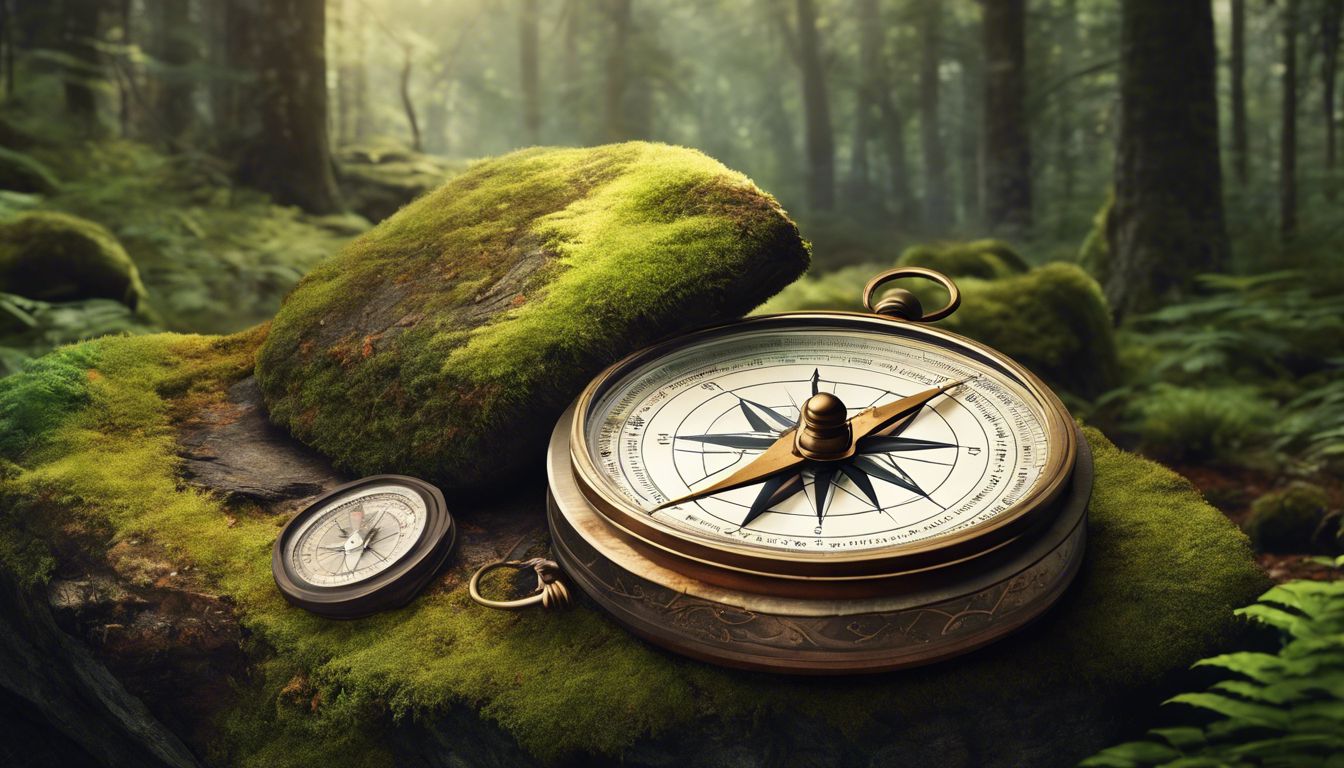Een oude kompas en kaart op een mos bedekte rots in een dicht bos.
