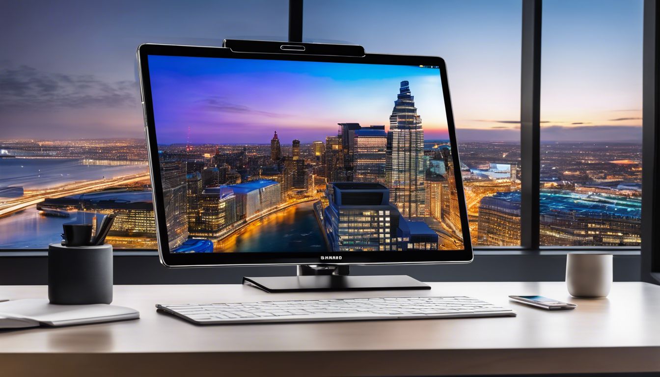De Samsung Galaxy Tab S8 Ultra wordt weergegeven op een strak bureau in een modern kantoor.