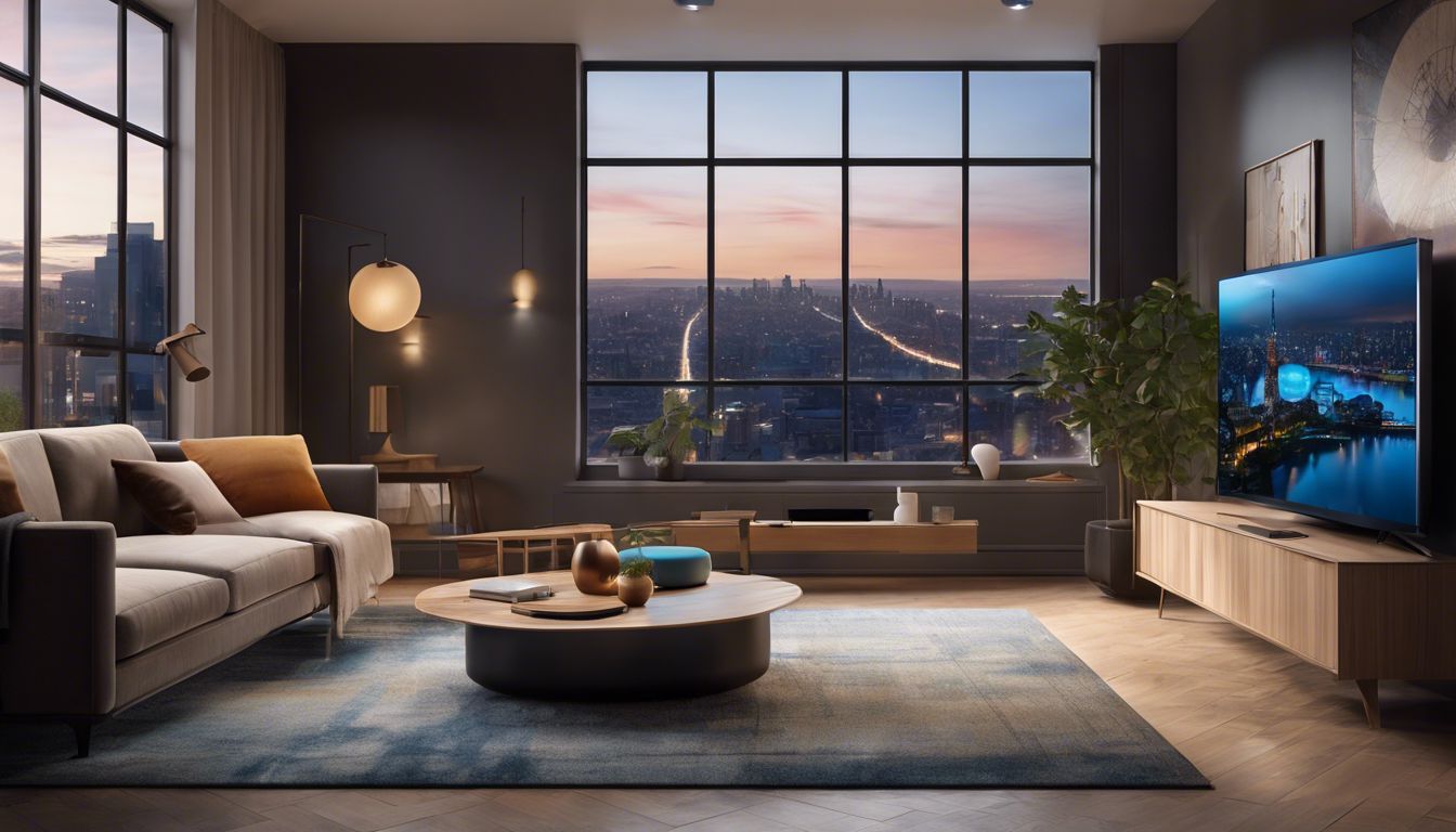 Een moderne woonkamer met slimme apparaten en technologische uitstraling.