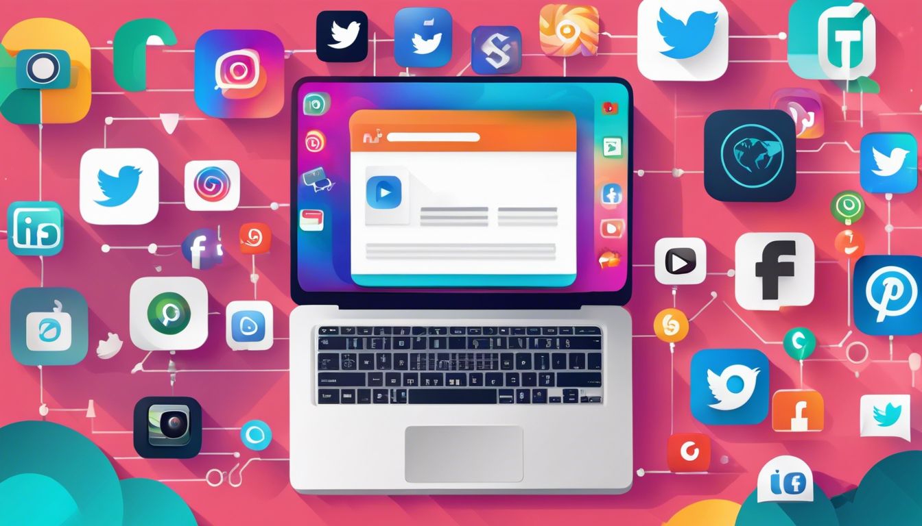 Een open laptop met verschillende social media pictogrammen omgeven door technologische apparaten.