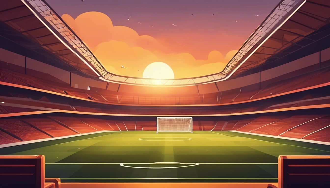 Een rustig voetbalstadion bij zonsondergang, met lege stoelen en warme kleuren.
