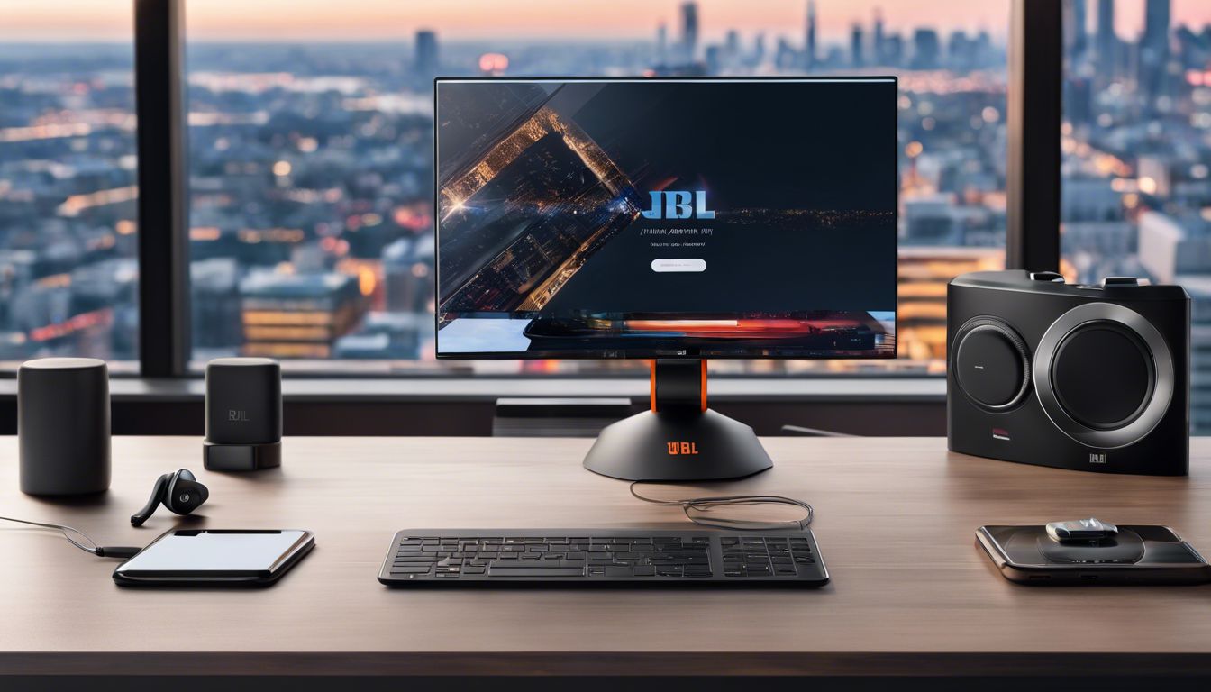 Een paar JBL Live Flex oordopjes op een minimalistisch bureau, omgeven door moderne gadgets met stedelijk uitzicht op een groot digitaal scherm.