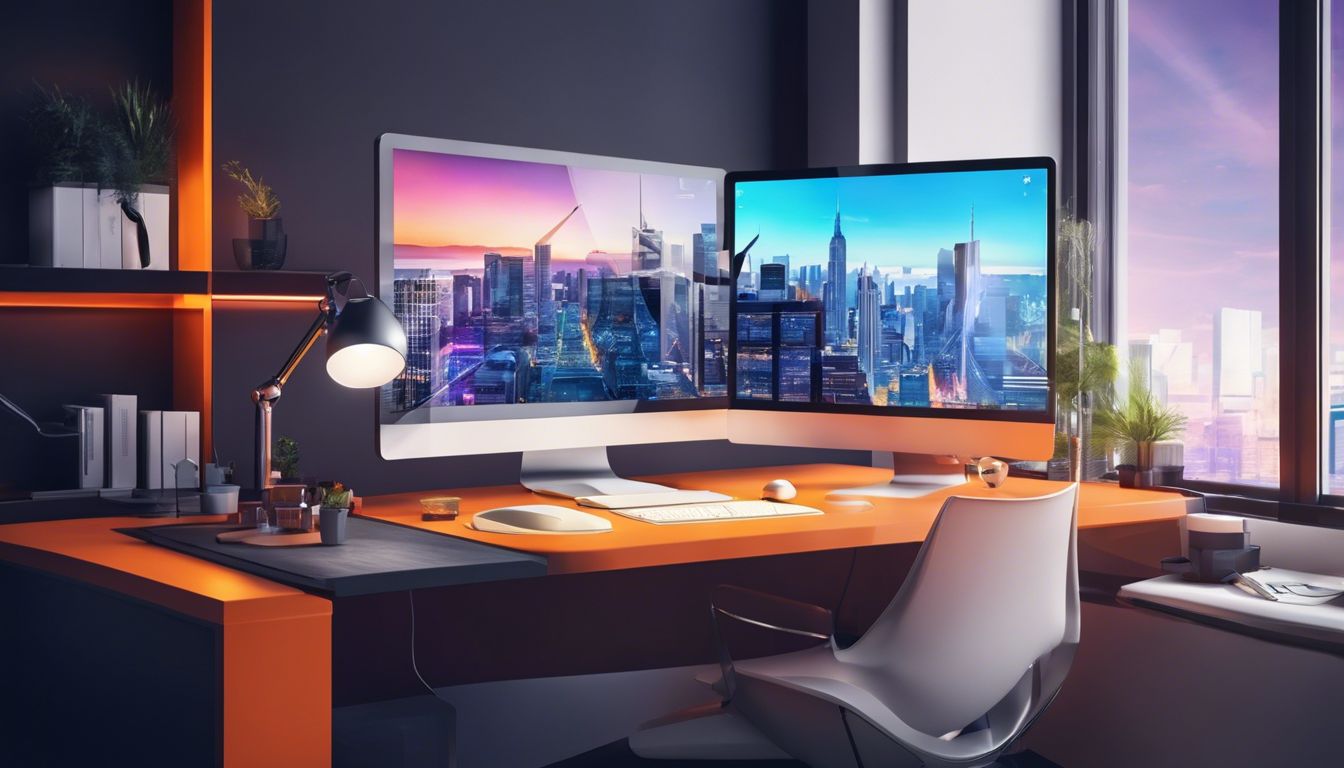 Een modern kantoor bureau met geavanceerde software tools en stadsgezicht fotografie.