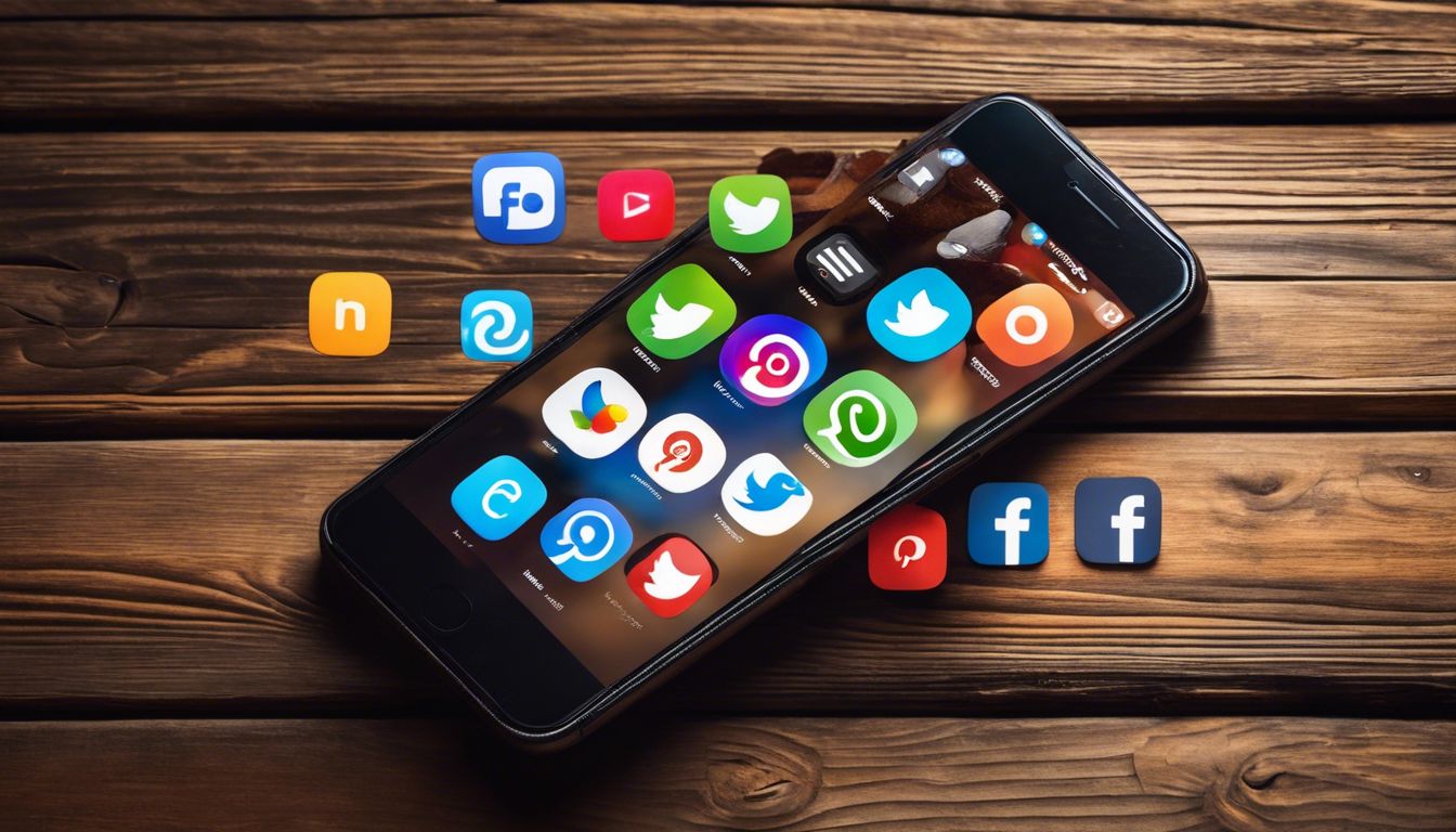 Een smartphone met sociale media-app iconen op een houten tafel.