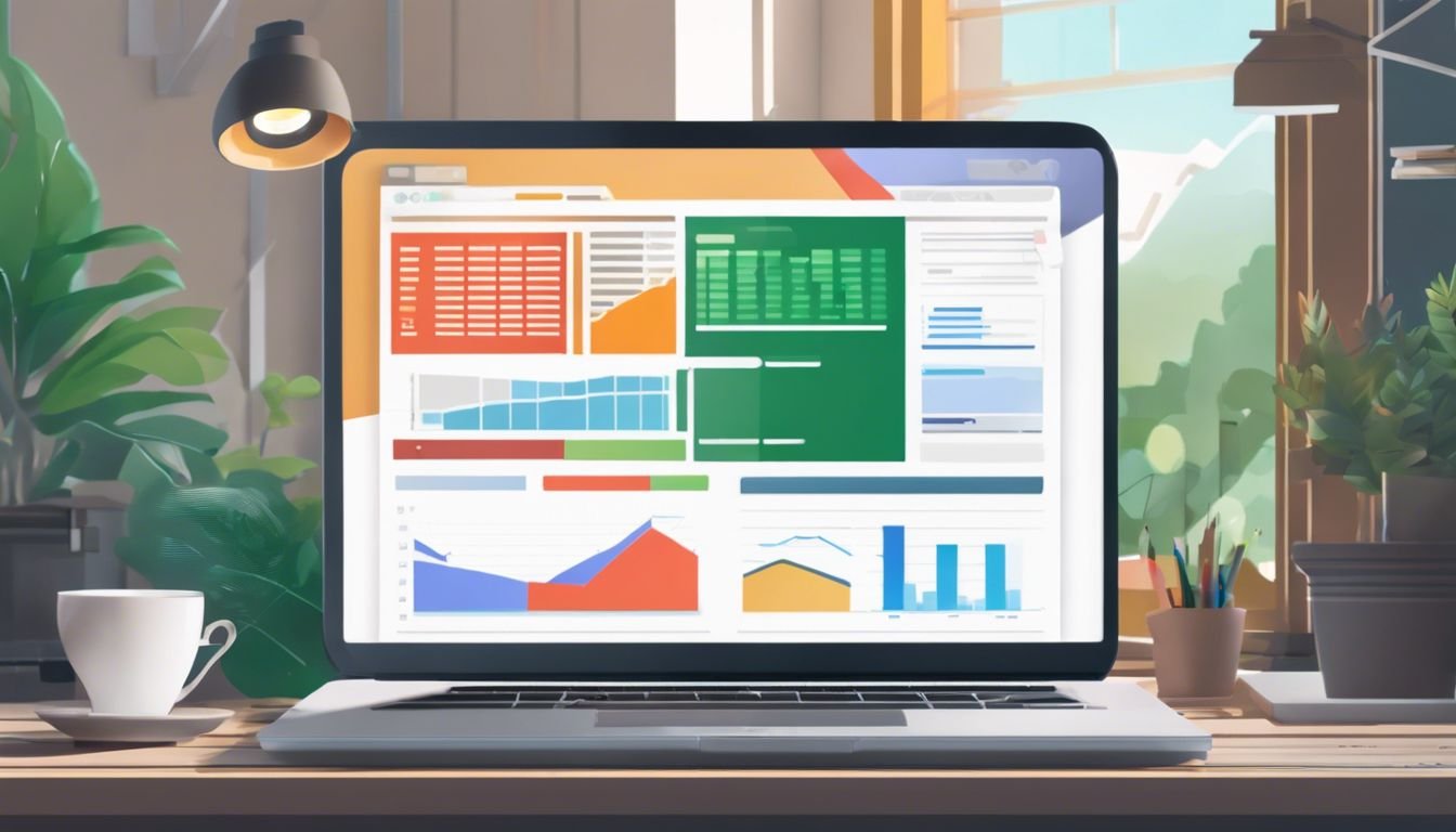 Een laptop toont Google Spreadsheets op een rommelig bureau.