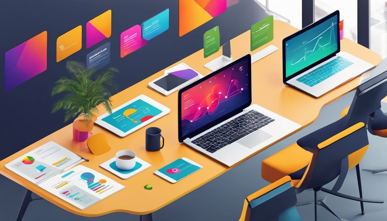 Een moderne laptop met kleurrijke presentaties in een collaboratieve werkruimte.