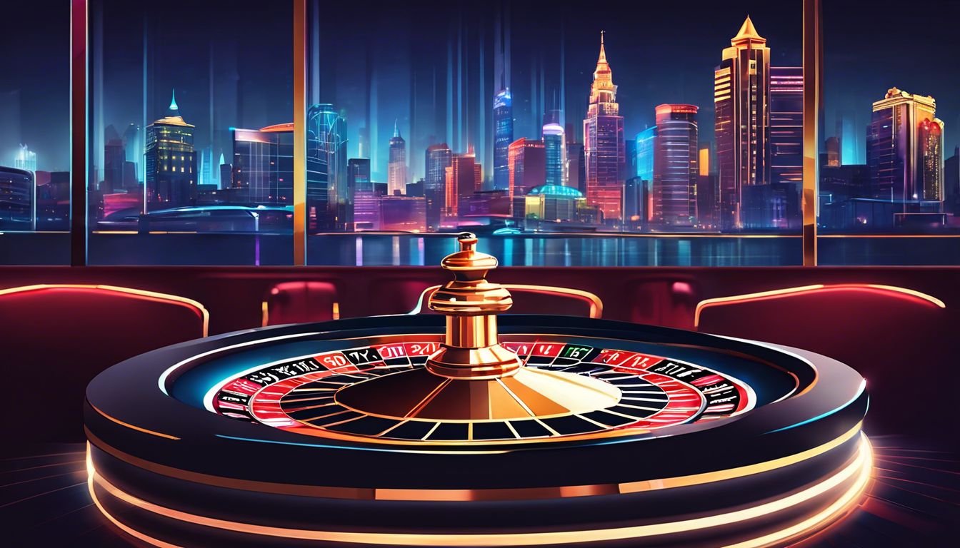 Een stijlvolle roulettewiel in een druk casino met een stadsgezicht op de achtergrond.