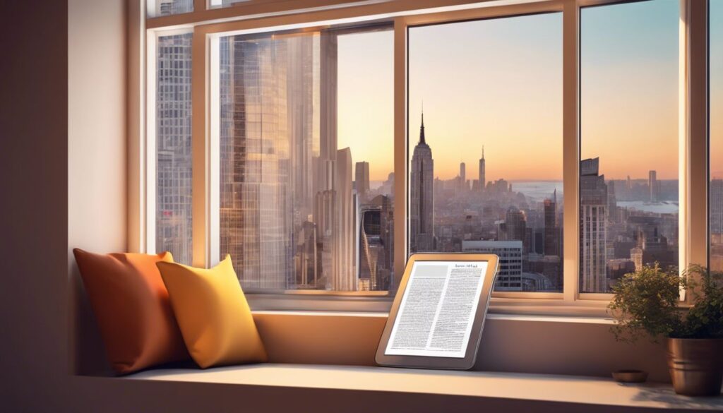 Digitale kranten en tijdschriften op tablet in leeshoek met stadsgezicht.