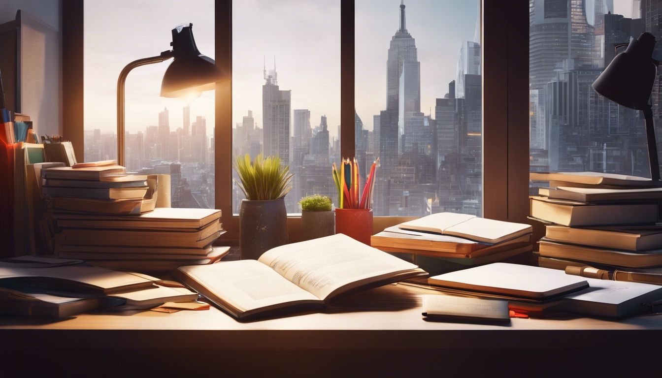 Een stapel gebruikte studieboeken, omringd door schrijfmaterialen en een laptop, temidden van een chaotische studentenkamer.