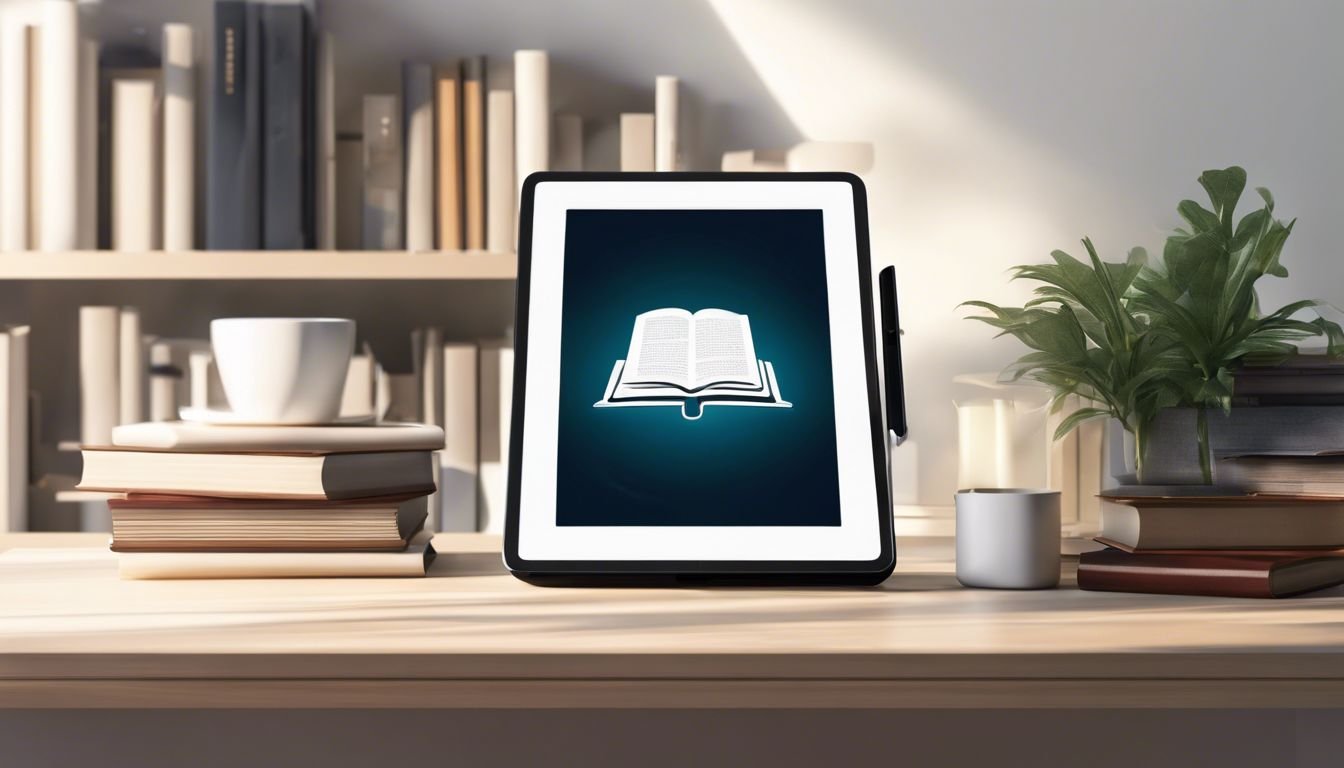 Moderne e-reader omringd door boeken op een minimalistisch bureau. Moderne e-reader omringd door boeken op een minimalistisch bureau.