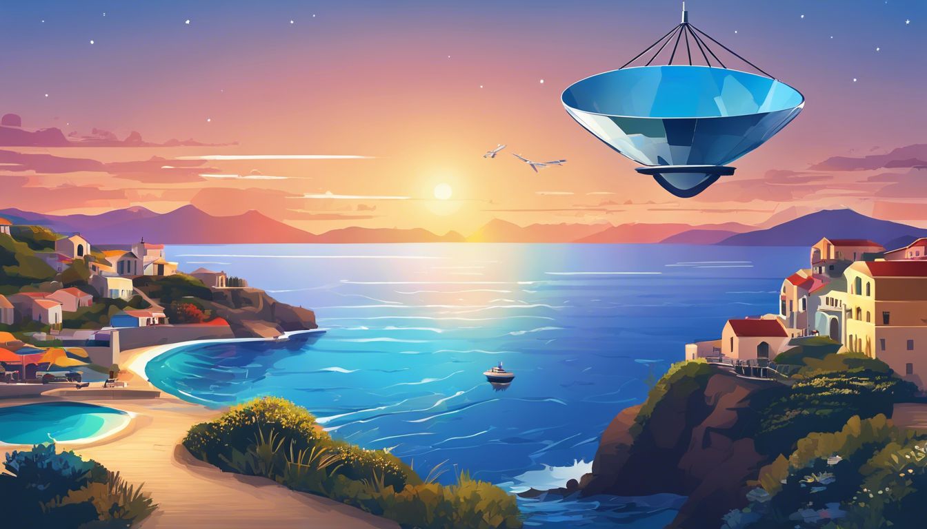 Een satellietschotel met diverse internationale tv-kanalen en zeegezichten.