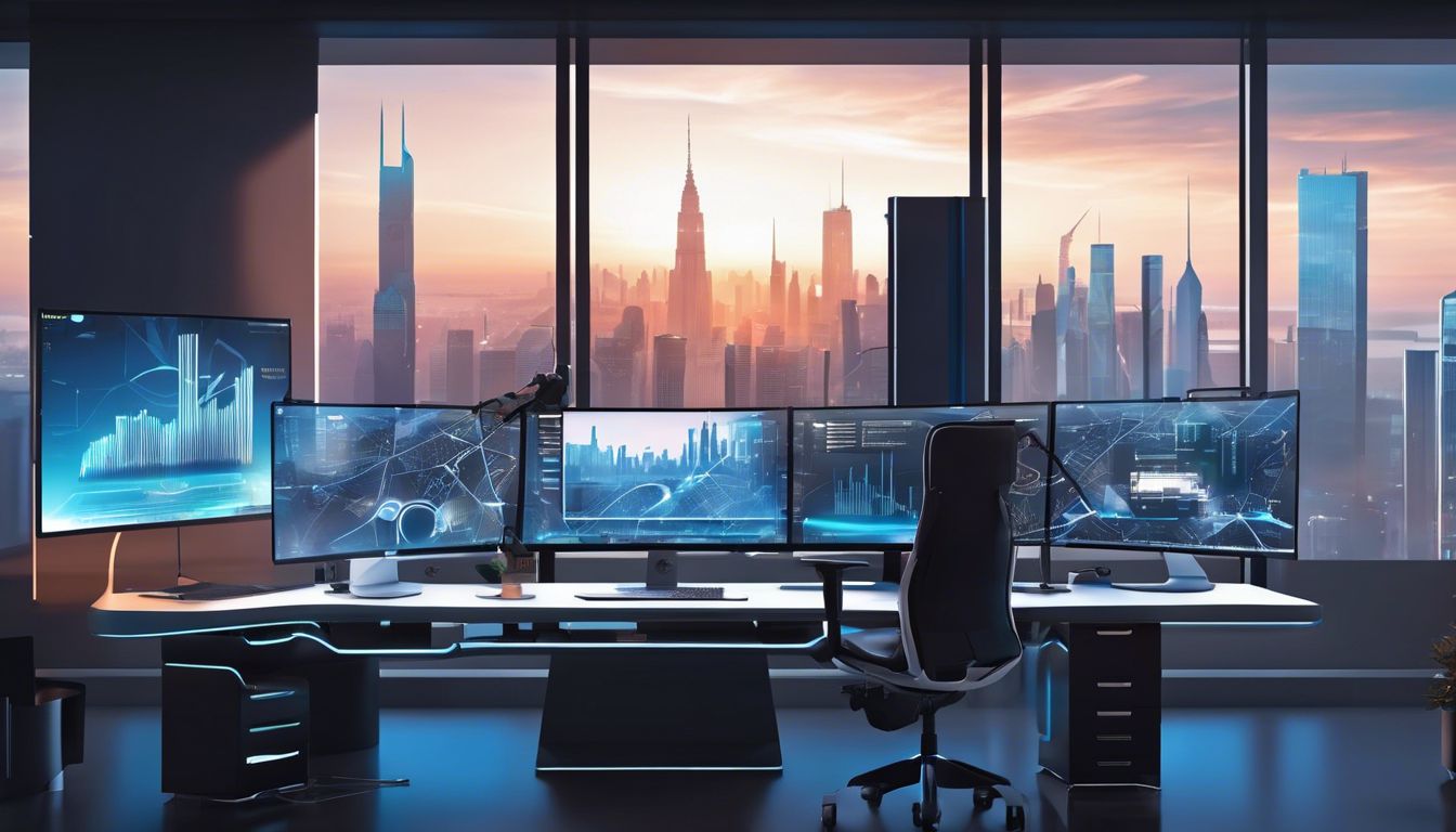 Moderne AI-interface met futuristische stad achter glazen raam.