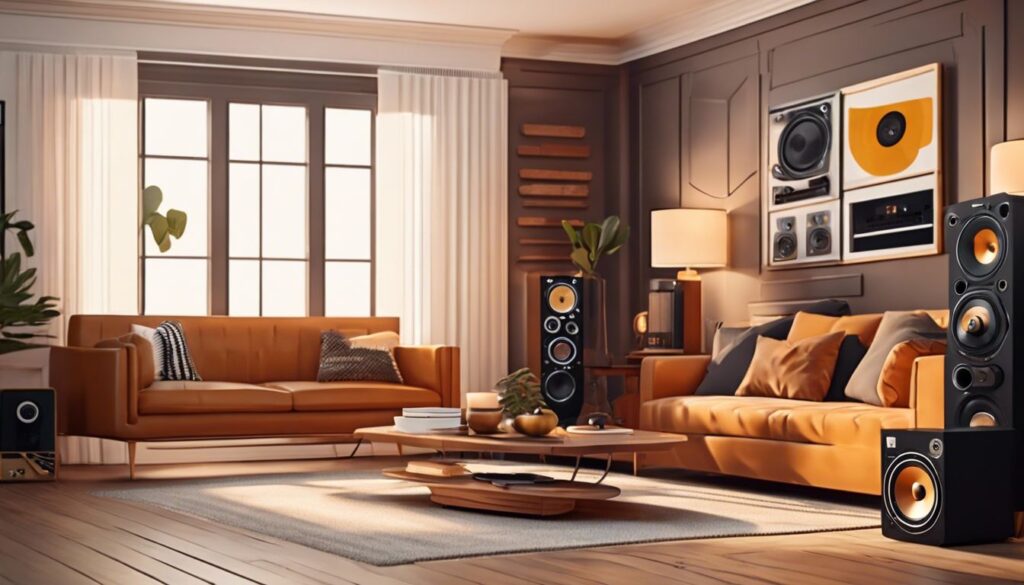 Een stijlvolle home entertainment systeem met speakers, platenspeler en vinylplaten.